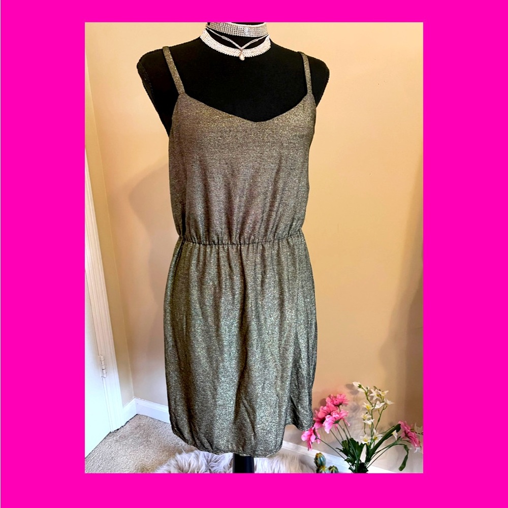 Y2k style, brand Alice & Trixie, gold shimmer, spaghetti strap dress.